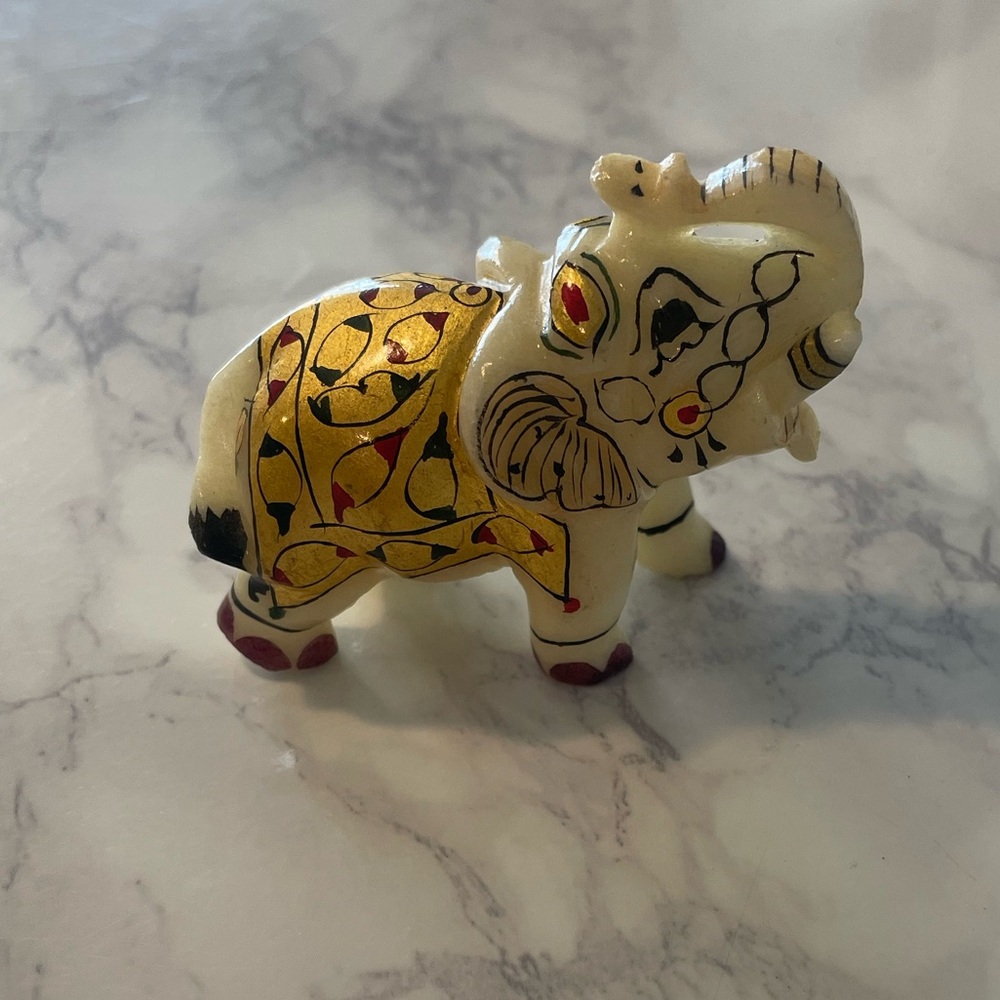 Vintage White Marble Jeweled Elephant Sculpture Paper Weight